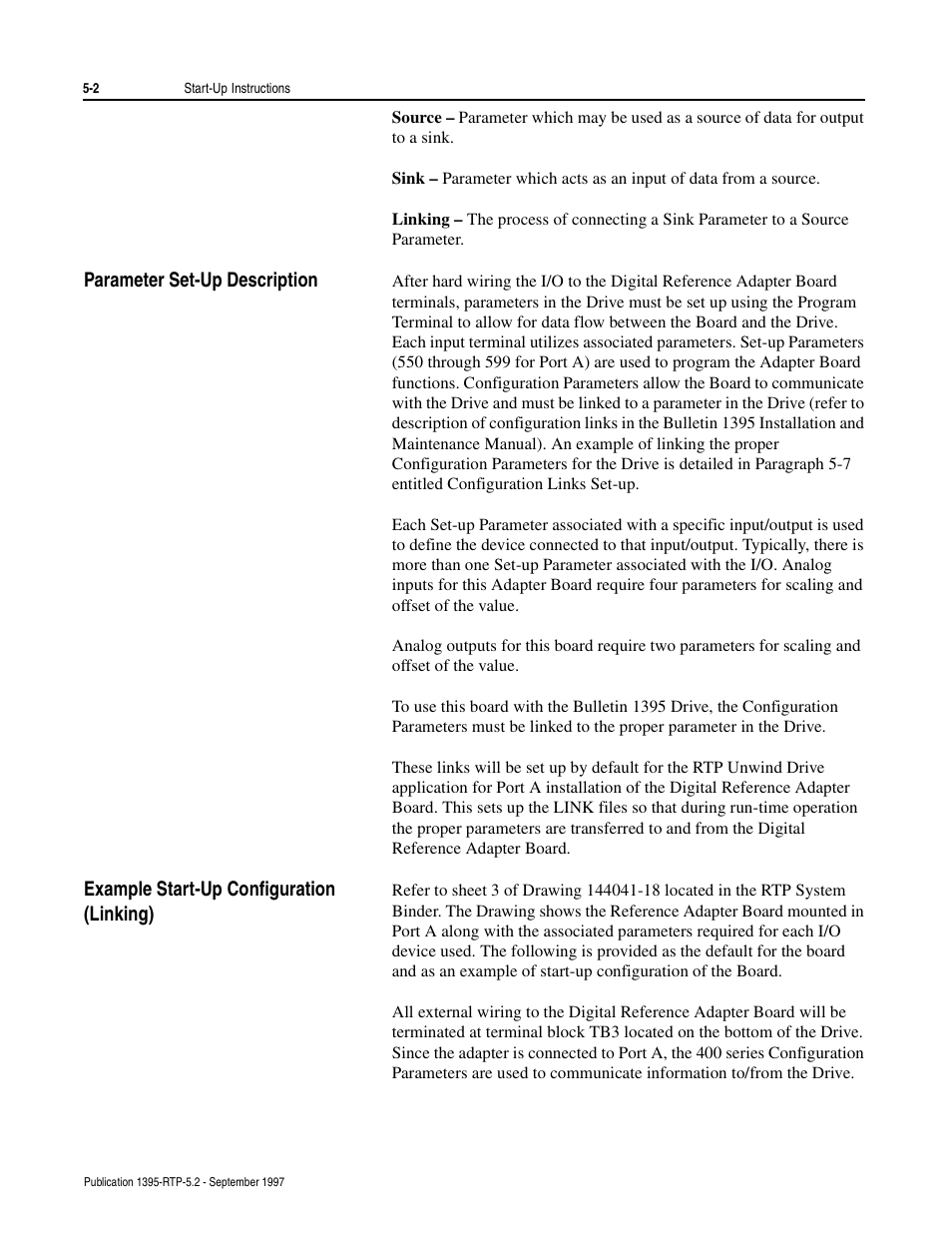 Parameter set-up description, Example start-up configuration (linking) | Rockwell Automation 1395 Digital Reference Adapter for RTP Applications User Manual | Page 32 / 69