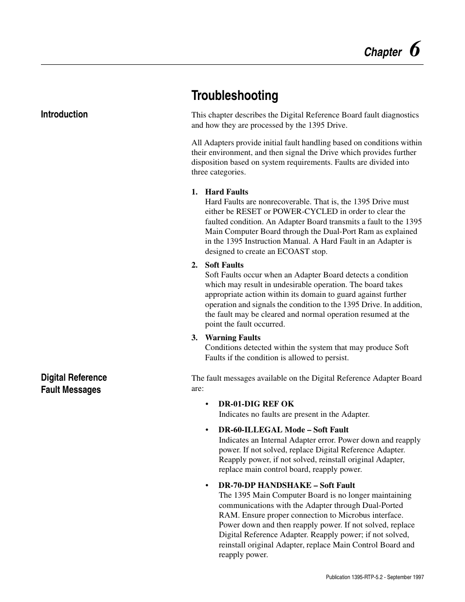 Chapter 6, Introduction, Digital reference fault messages | Troubleshooting, Chapter | Rockwell Automation 1395 Digital Reference Adapter for RTP Applications User Manual | Page 37 / 69