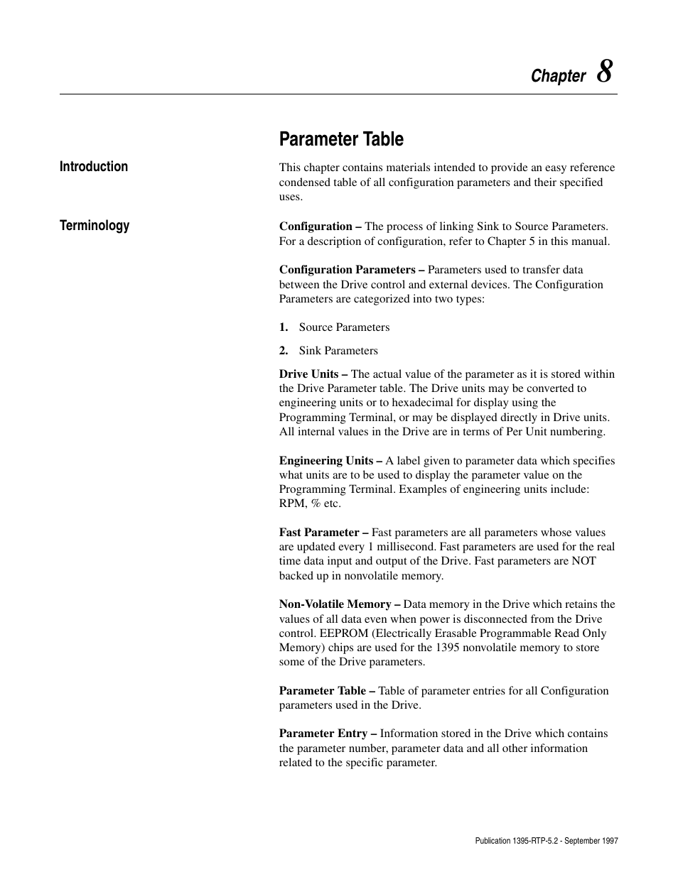 Chapter 8, Introduction, Terminology | Source parameters, Sink parameters, Parameter table, Chapter | Rockwell Automation 1395 Digital Reference Adapter for RTP Applications User Manual | Page 43 / 69