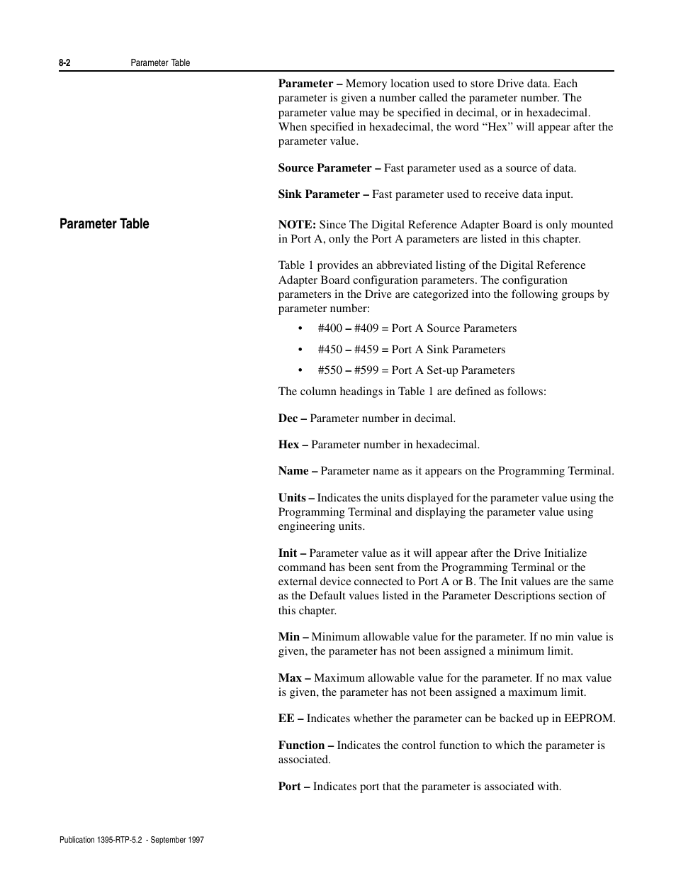 Parameter table | Rockwell Automation 1395 Digital Reference Adapter for RTP Applications User Manual | Page 44 / 69