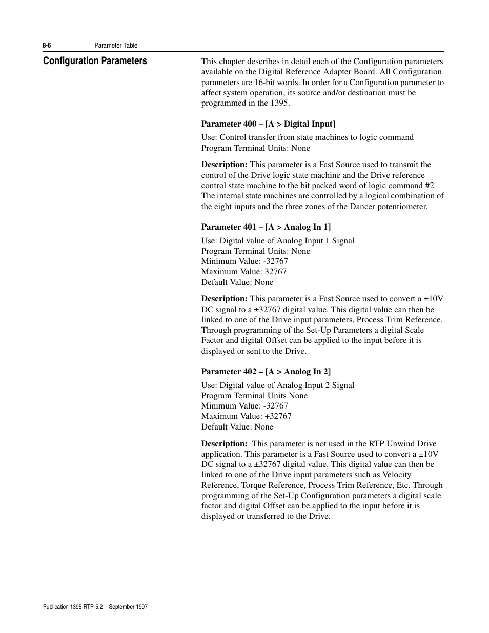 Configuration parameters | Rockwell Automation 1395 Digital Reference Adapter for RTP Applications User Manual | Page 48 / 69