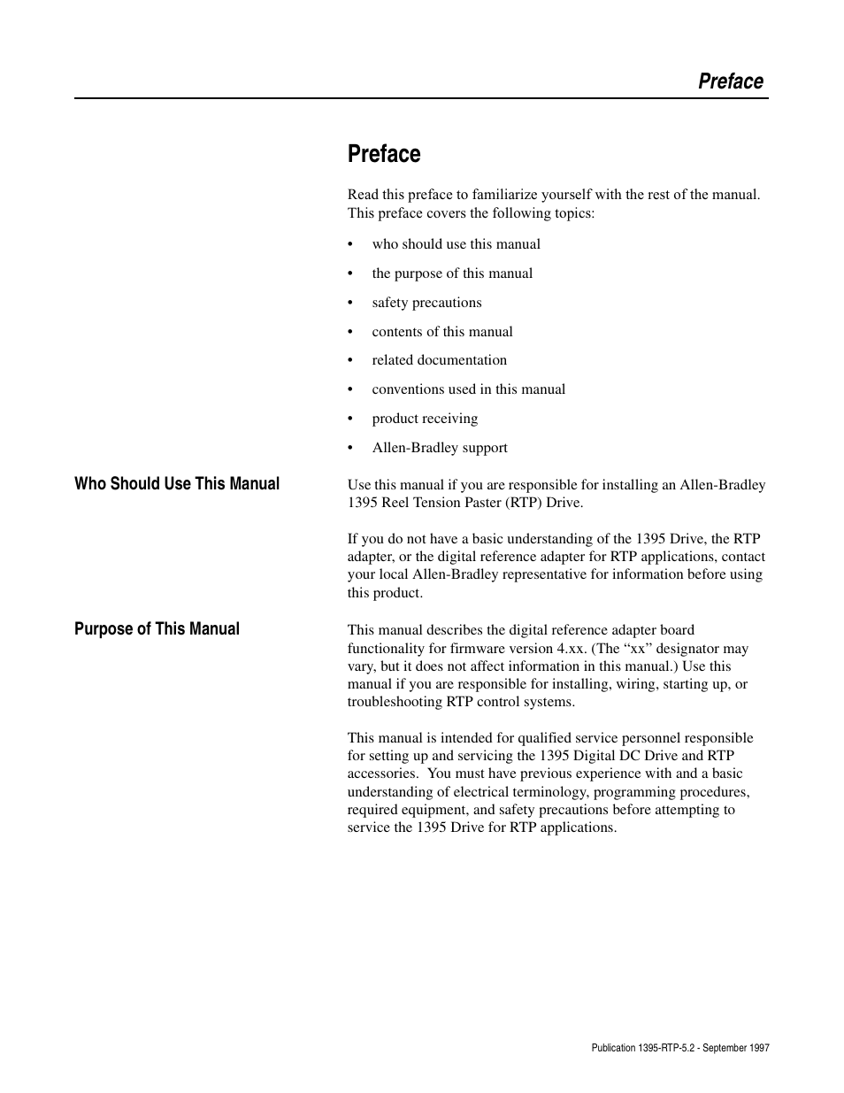 Preface, Who should use this manual, Purpose of this manual | Rockwell Automation 1395 Digital Reference Adapter for RTP Applications User Manual | Page 5 / 69