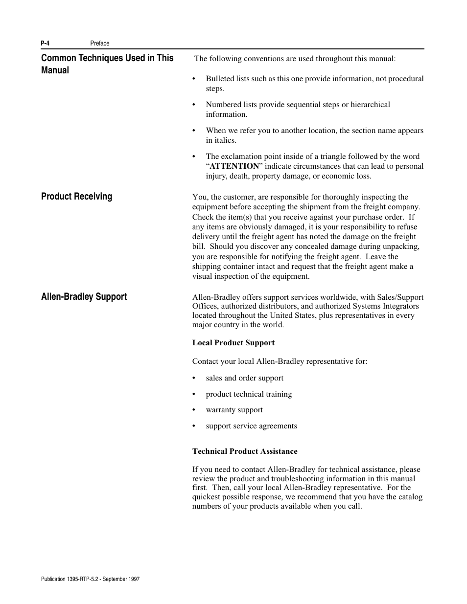 Common techniques used in this manual, Product receiving, Allen-bradley support | Rockwell Automation 1395 Digital Reference Adapter for RTP Applications User Manual | Page 8 / 69