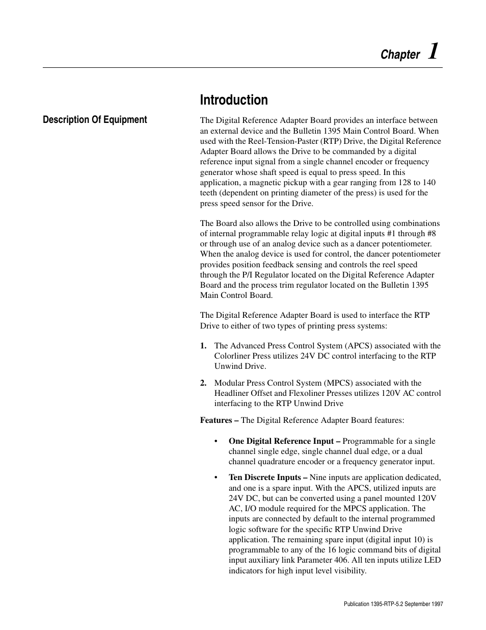 Chapter 1, Description of equipment, Introduction | Chapter | Rockwell Automation 1395 Digital Reference Adapter for RTP Applications User Manual | Page 9 / 69
