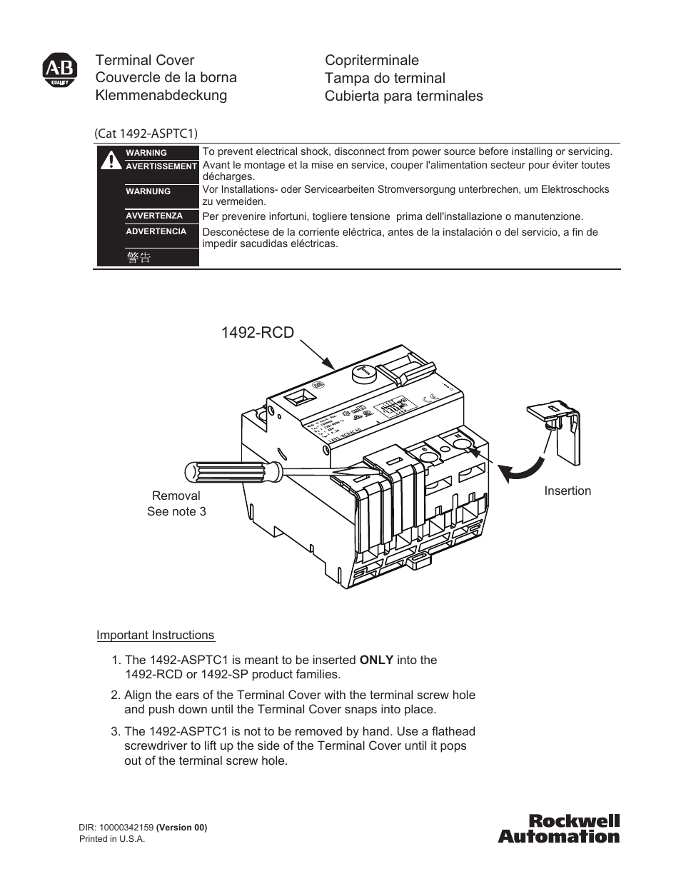 Rockwell Automation 1492-ASPTC1 Terminal Cover User Manual | 1 page