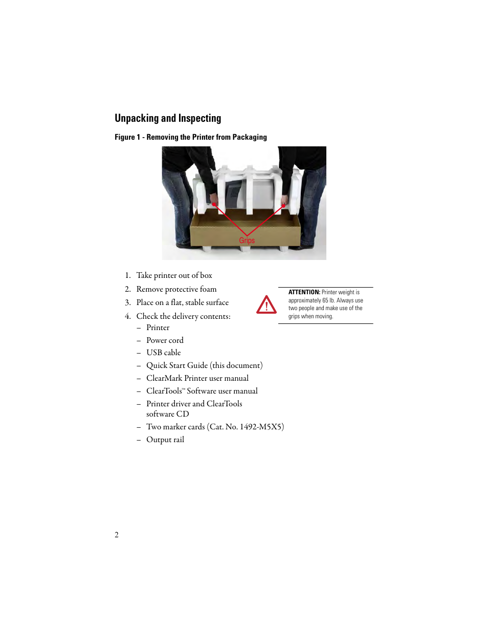 Unpacking and inspecting | Rockwell Automation 1492-PRINT220 ClearMark Quick Start User Manual | Page 2 / 16