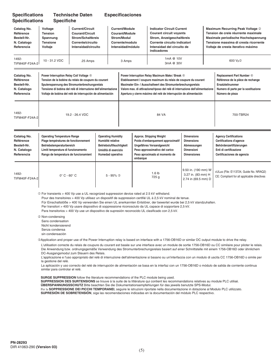 5) specifications spécifications, Technische daten specifiche especificaciones | Rockwell Automation 1492-TIFM40F-F24A-2 Fused Term. Module for use in SIL2 Safety Shutdown Appl. w/2 1756-IB32 User Manual | Page 5 / 6