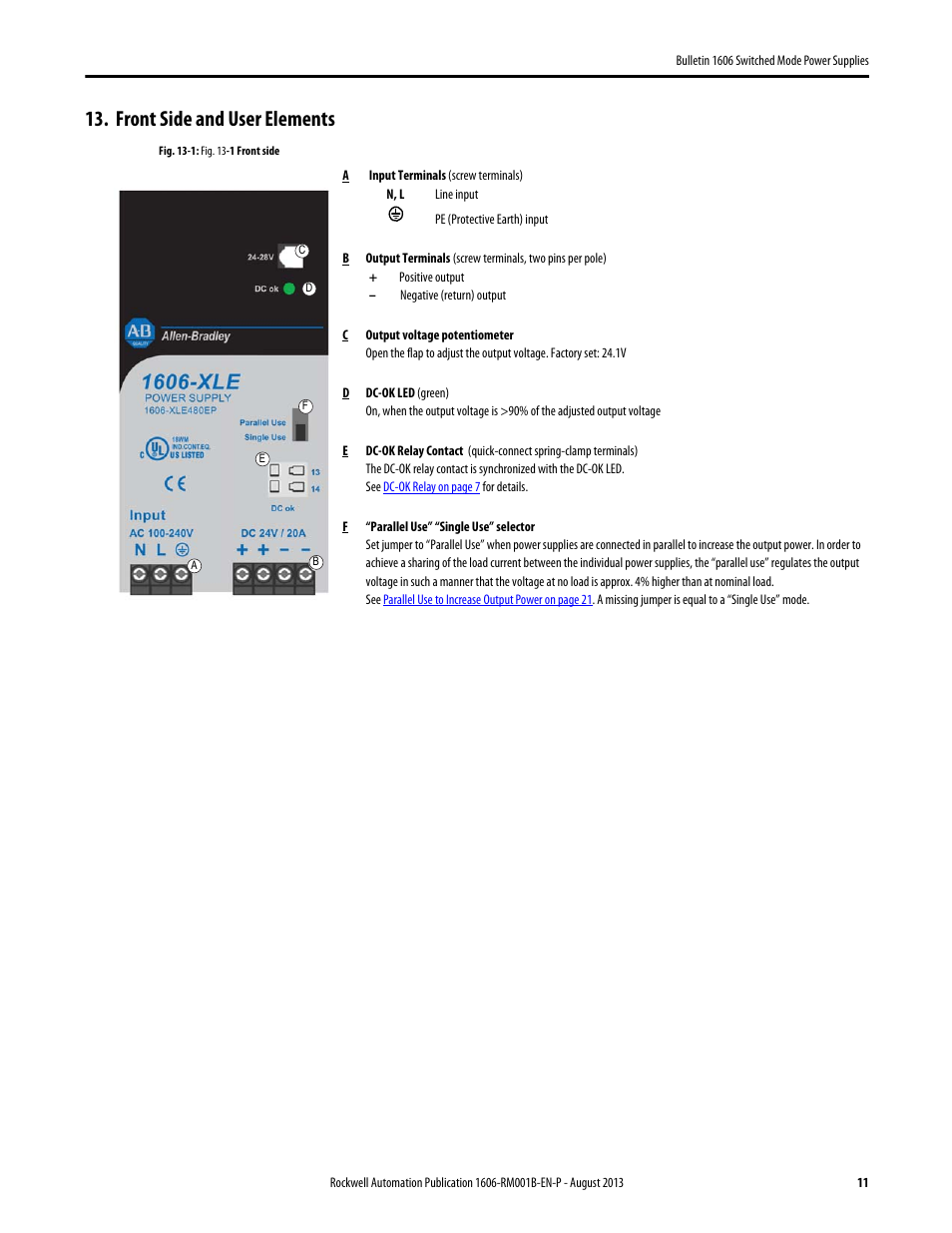 Front side and user elements | Rockwell Automation 1606-XLE480EPC Power Supply Reference Manual User Manual | Page 11 / 26