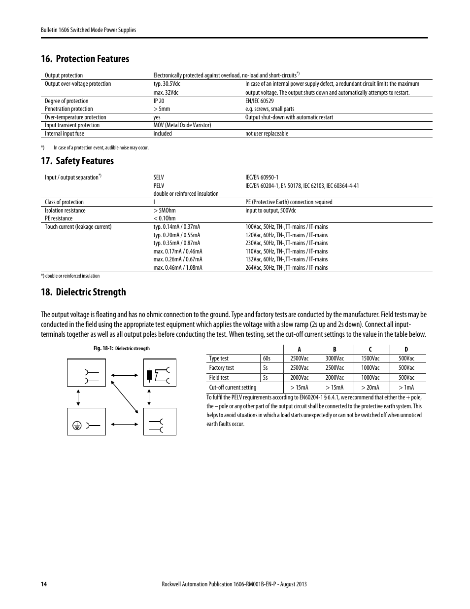 Protection features, Safety features, Dielectric strength | Refer to, Safety features 18. dielectric strength | Rockwell Automation 1606-XLE480EPC Power Supply Reference Manual User Manual | Page 14 / 26