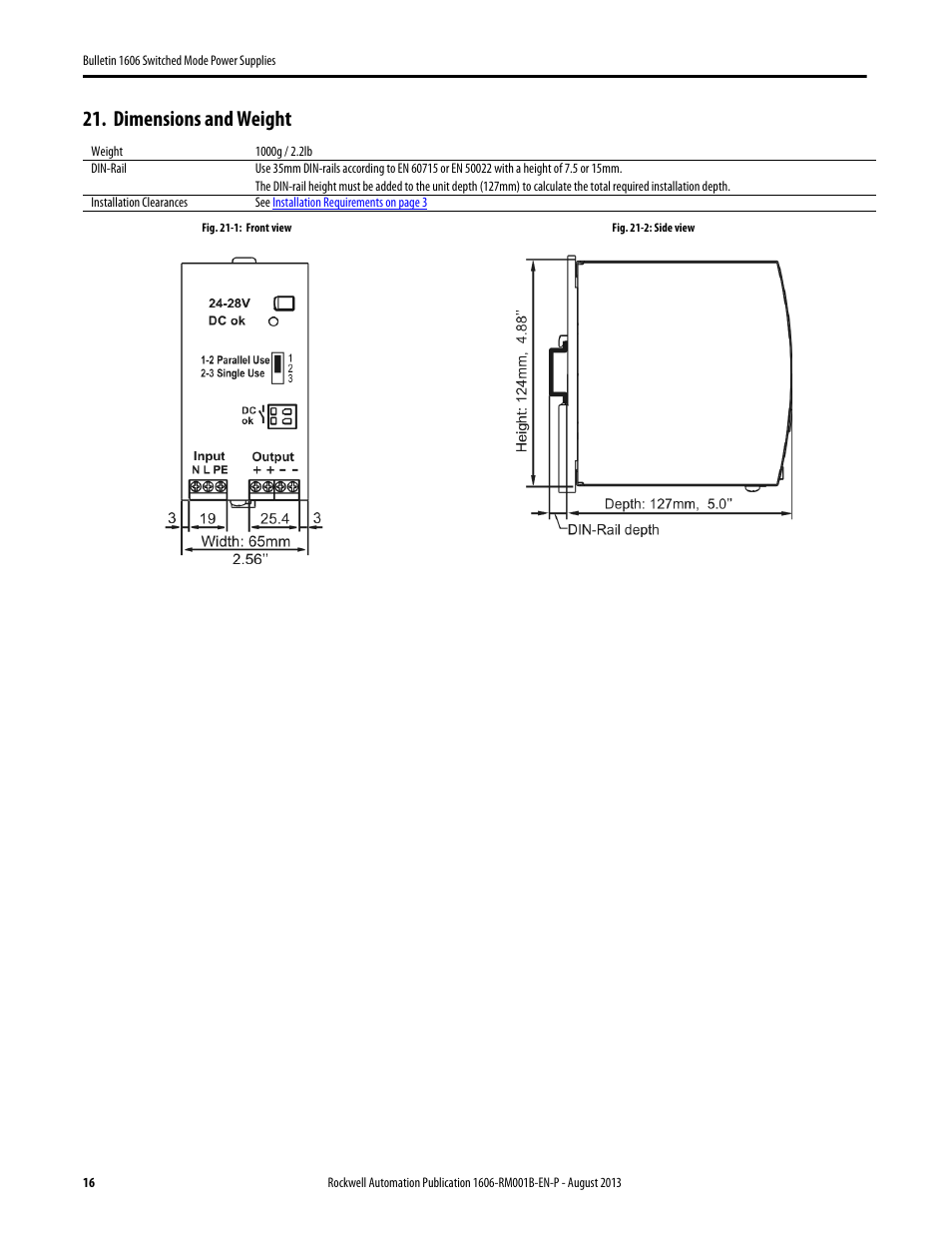 Dimensions and weight | Rockwell Automation 1606-XLE480EPC Power Supply Reference Manual User Manual | Page 16 / 26