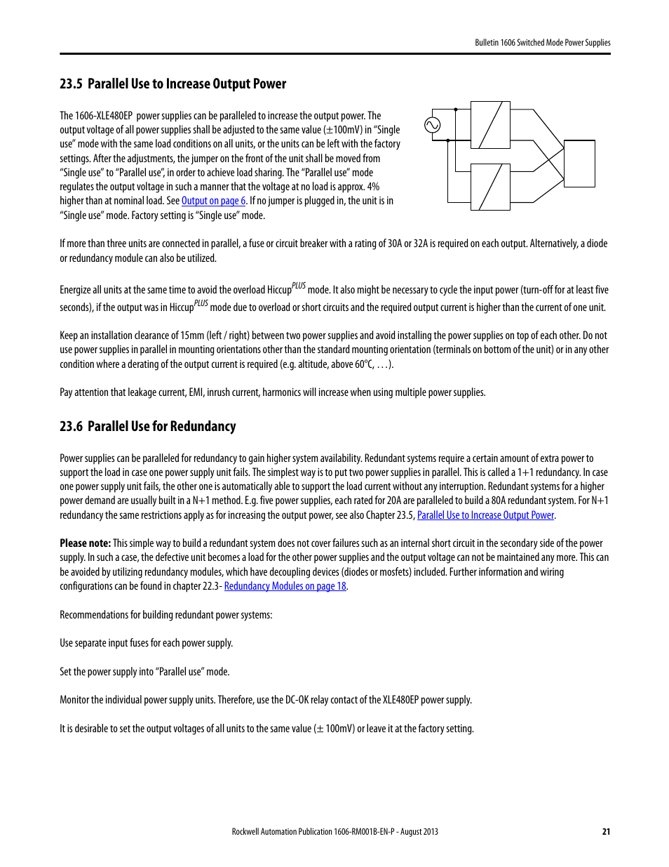 5 parallel use to increase output power, 6 parallel use for redundancy, Parallel use to increase output power | Parallel use for redundancy | Rockwell Automation 1606-XLE480EPC Power Supply Reference Manual User Manual | Page 21 / 26