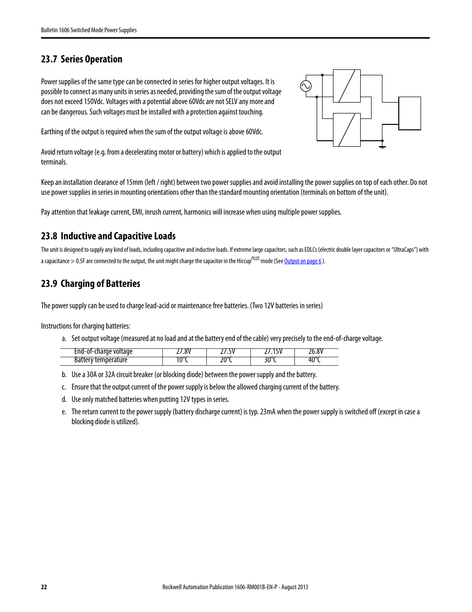 7 series operation, 8 inductive and capacitive loads, 9 charging of batteries | Series operation, Inductive and capacitive loads, Charging of batteries | Rockwell Automation 1606-XLE480EPC Power Supply Reference Manual User Manual | Page 22 / 26