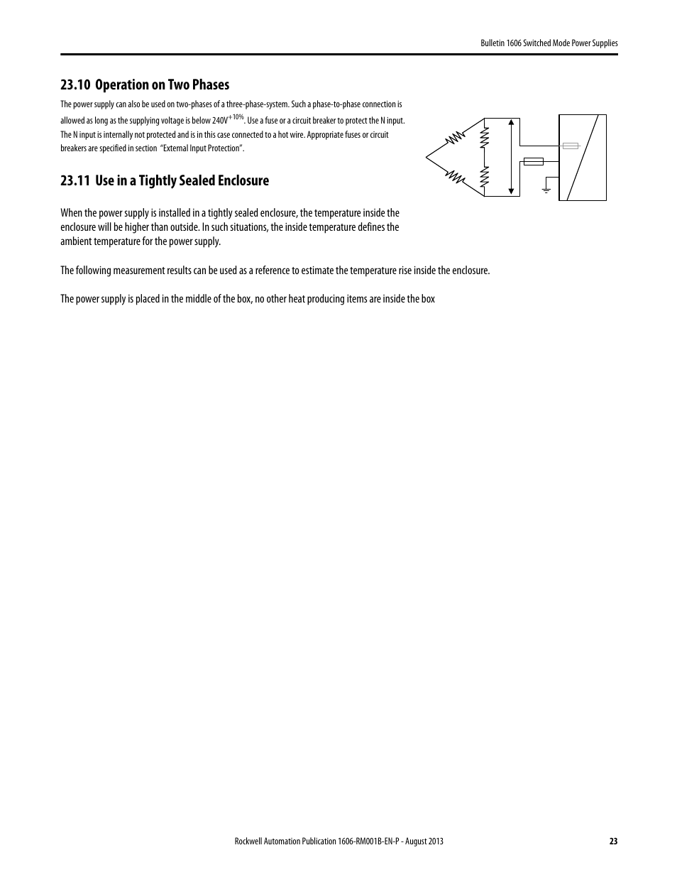 10 operation on two phases, 11 use in a tightly sealed enclosure, Operation on two phases | Use in a tightly sealed enclosure | Rockwell Automation 1606-XLE480EPC Power Supply Reference Manual User Manual | Page 23 / 26