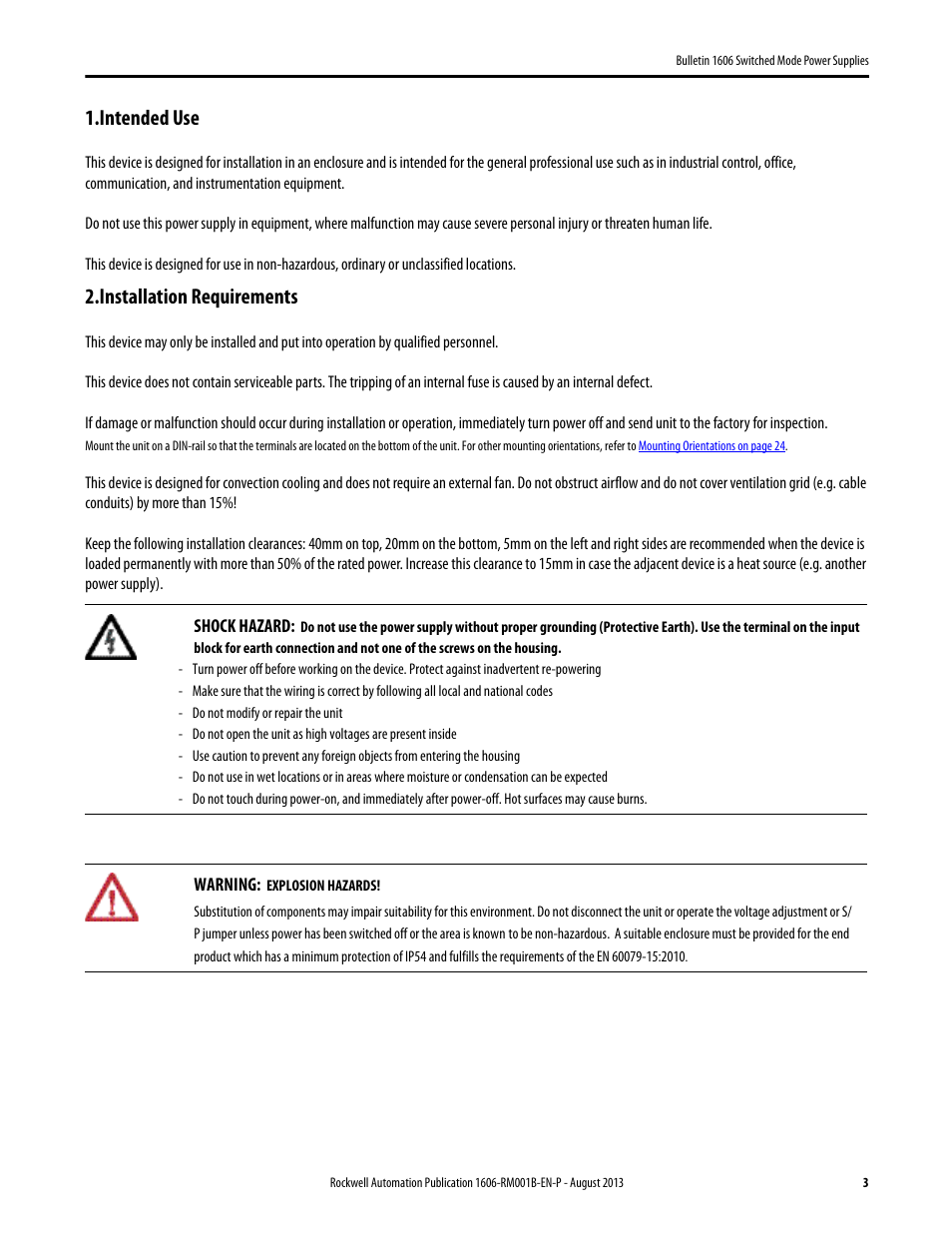 Intended use, Installation requirements | Rockwell Automation 1606-XLE480EPC Power Supply Reference Manual User Manual | Page 3 / 26