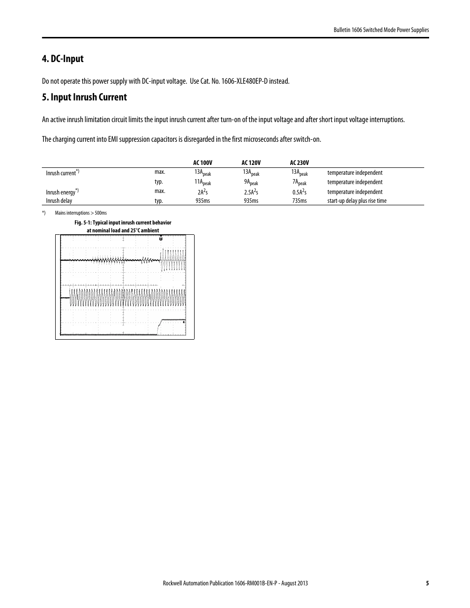 Dc-input, Input inrush current | Rockwell Automation 1606-XLE480EPC Power Supply Reference Manual User Manual | Page 5 / 26