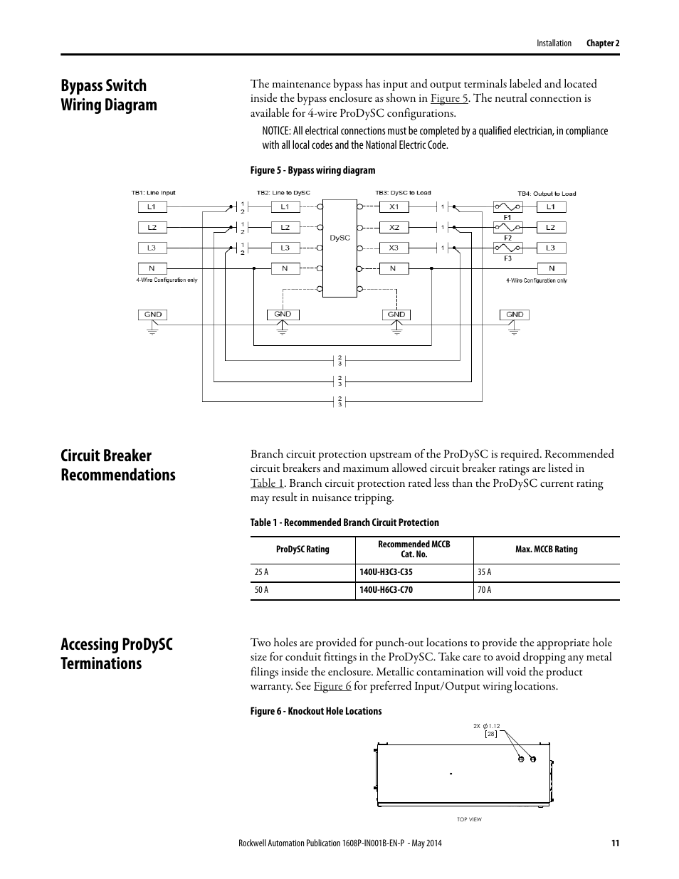 Bypass switch wiring diagram, Circuit breaker recommendations, Accessing prodysc terminations | Rockwell Automation 1608P ProDySC Installation Instructions, 25 and 50 A User Manual | Page 11 / 24