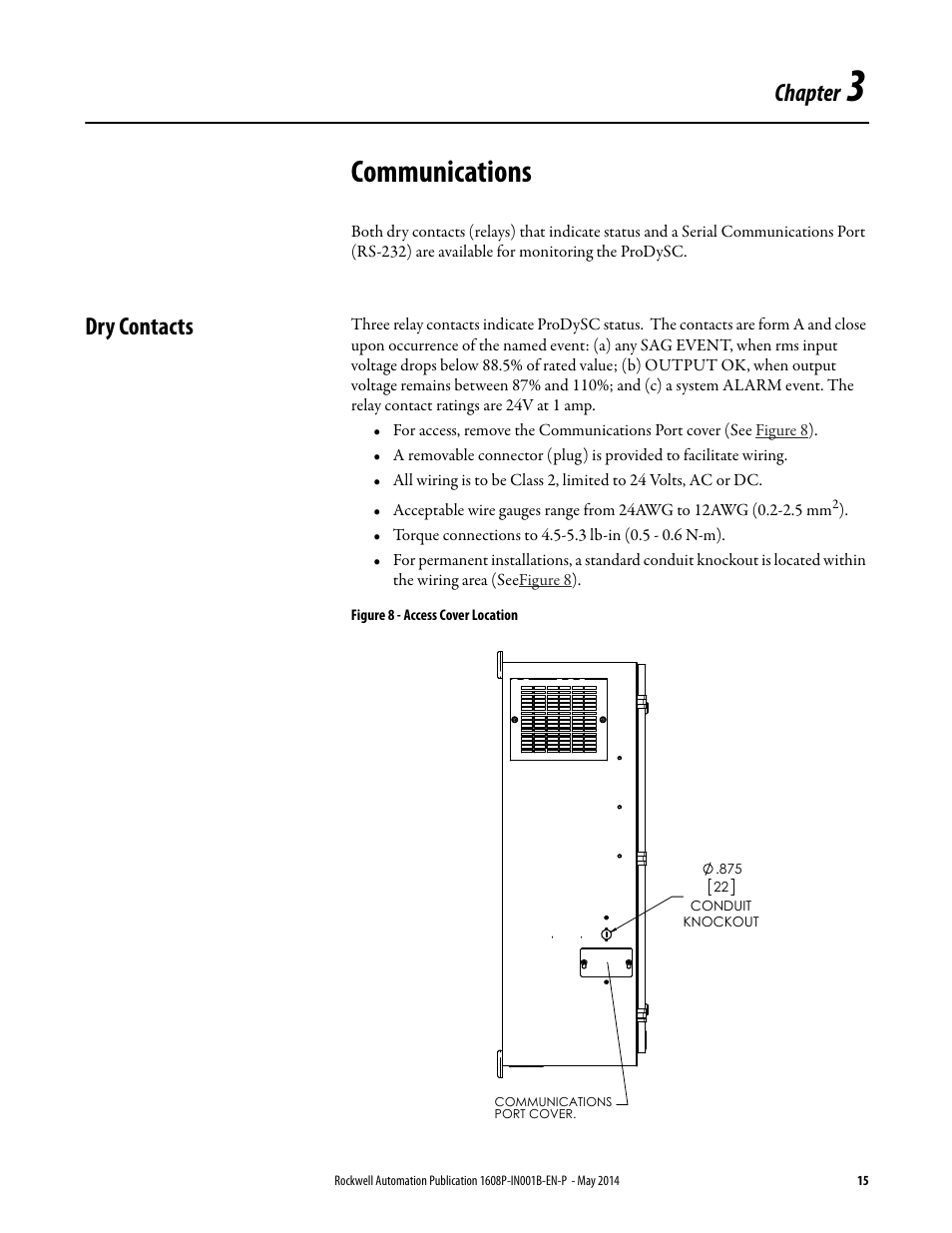 Communications, Chapter, Dry contacts | Rockwell Automation 1608P ProDySC Installation Instructions, 25 and 50 A User Manual | Page 15 / 24