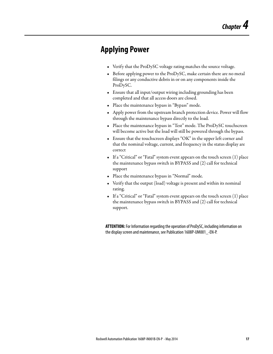 Applying power, Chapter | Rockwell Automation 1608P ProDySC Installation Instructions, 25 and 50 A User Manual | Page 17 / 24