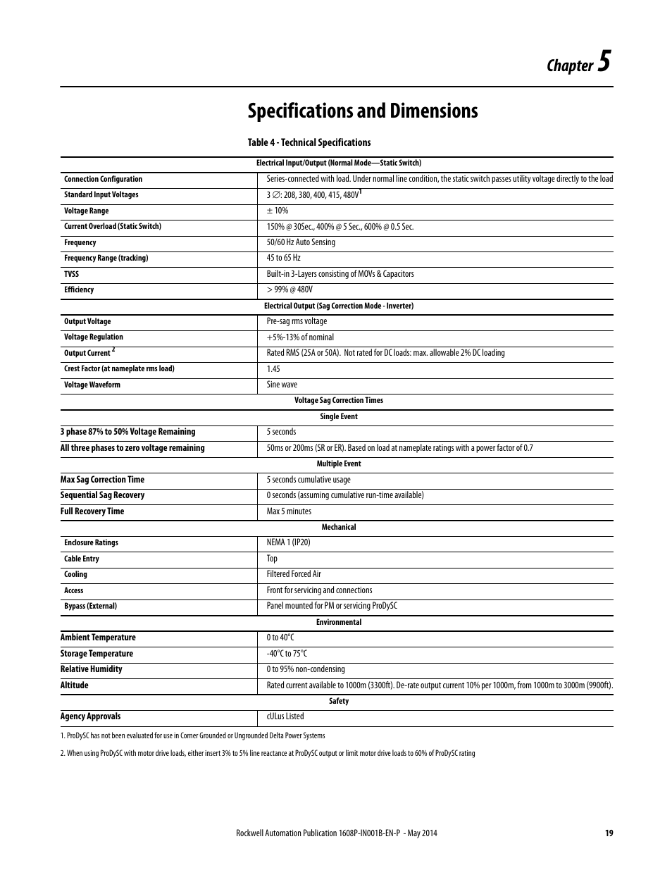 Specifications and dimensions, Chapter | Rockwell Automation 1608P ProDySC Installation Instructions, 25 and 50 A User Manual | Page 19 / 24