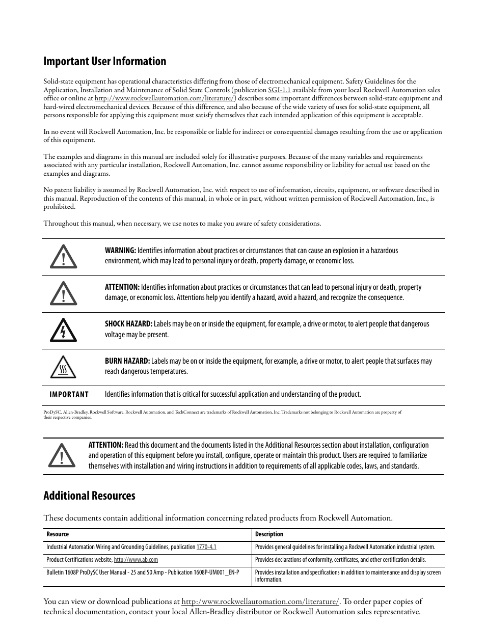 Important user information, Additional resources | Rockwell Automation 1608P ProDySC Installation Instructions, 25 and 50 A User Manual | Page 2 / 24