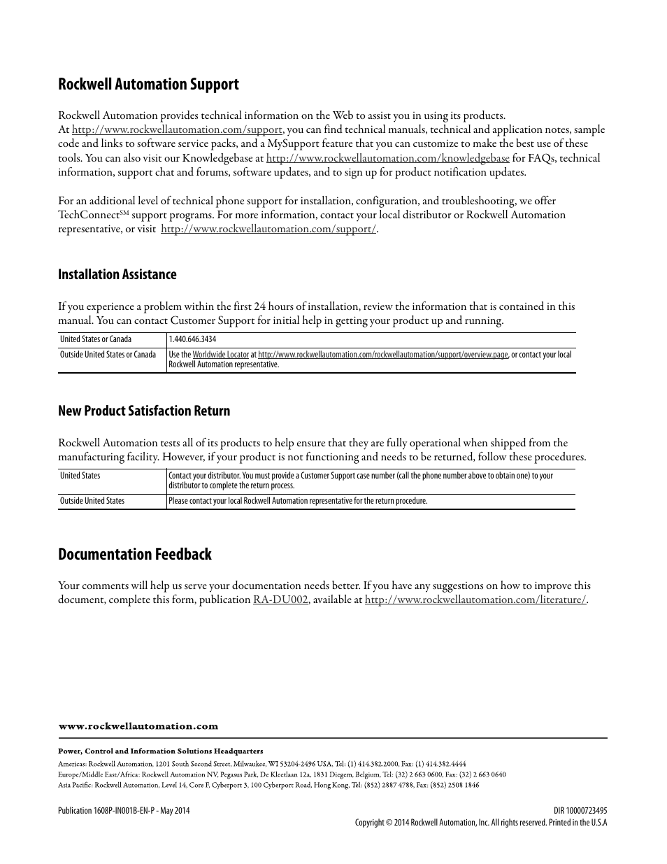 Rockwell automation support, Documentation feedback, Installation assistance | New product satisfaction return | Rockwell Automation 1608P ProDySC Installation Instructions, 25 and 50 A User Manual | Page 24 / 24