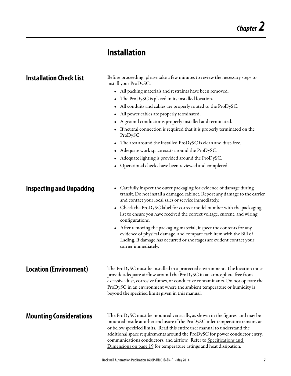 Installation, Chapter, Installation check list | Inspecting and unpacking, Location (environment), Mounting considerations | Rockwell Automation 1608P ProDySC Installation Instructions, 25 and 50 A User Manual | Page 7 / 24