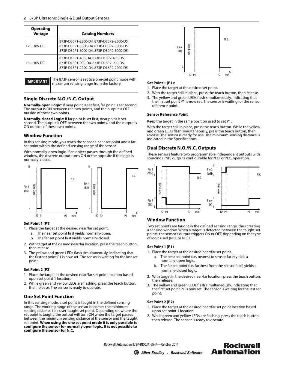 Single discrete n.o./n.c. output, Window function, One set point function | Dual discrete n.o./n.c. outputs | Rockwell Automation 873P Ultrasonic Single & Dual Discrete Output Sensors Installation Instruction User Manual | Page 2 / 6