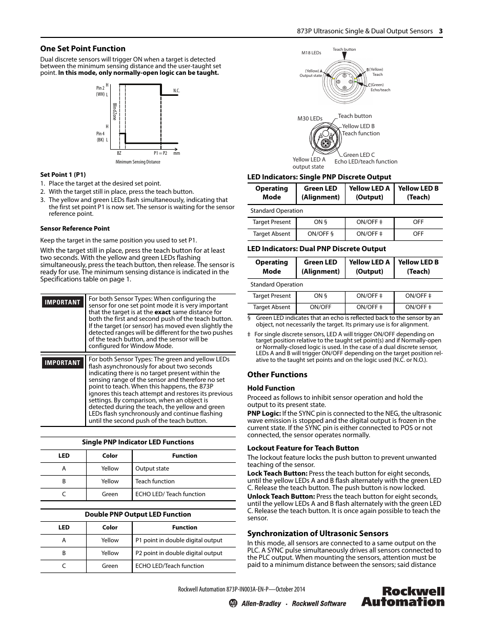 One set point function, Other functions, Synchronization of ultrasonic sensors | Rockwell Automation 873P Ultrasonic Single & Dual Discrete Output Sensors Installation Instruction User Manual | Page 3 / 6