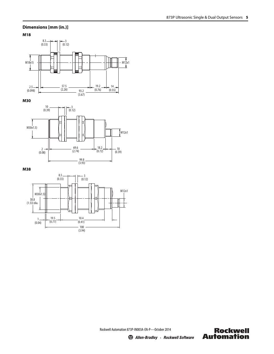 Dimensions [mm (in.) | Rockwell Automation 873P Ultrasonic Single & Dual Discrete Output Sensors Installation Instruction User Manual | Page 5 / 6