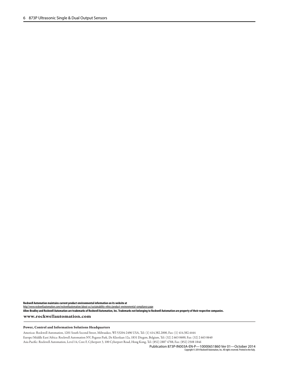 Rockwell Automation 873P Ultrasonic Single & Dual Discrete Output Sensors Installation Instruction User Manual | Page 6 / 6