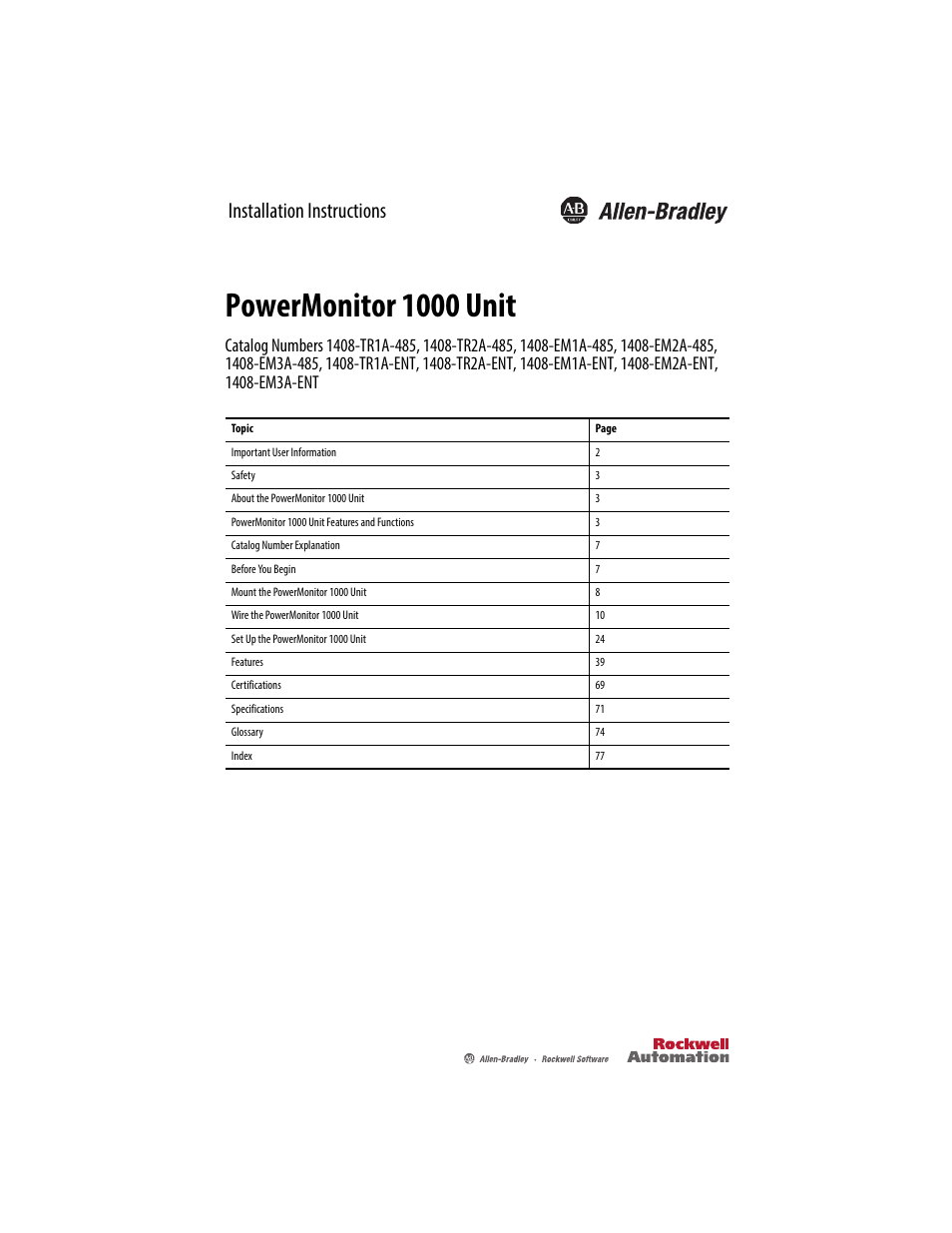 Rockwell Automation 1408-EMxx PowerMonitor 1000 Unit User Manual | 80 pages