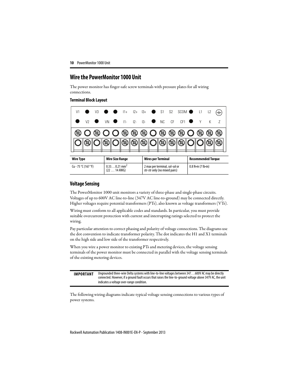 Wire the powermonitor 1000 unit, Voltage sensing | Rockwell Automation 1408-EMxx PowerMonitor 1000 Unit User Manual | Page 10 / 80