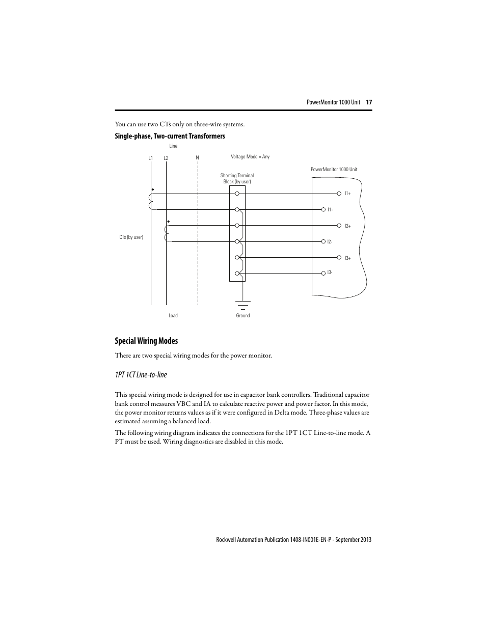 Special wiring modes, 1pt 1ct line-to-line | Rockwell Automation 1408-EMxx PowerMonitor 1000 Unit User Manual | Page 17 / 80