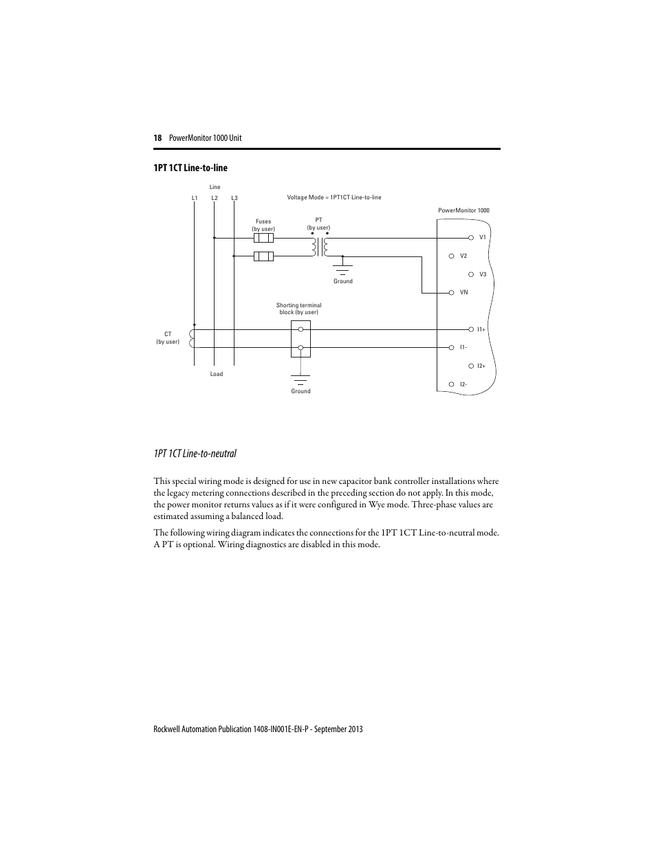 1pt 1ct line-to-neutral, 1pt 1ct line-to-line | Rockwell Automation 1408-EMxx PowerMonitor 1000 Unit User Manual | Page 18 / 80