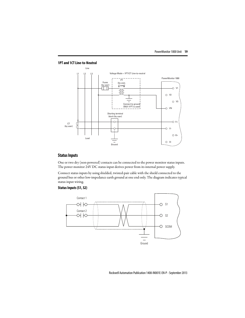 Status inputs, 1pt and 1ct line-to-neutral, Status inputs (s1, s2) | Rockwell Automation 1408-EMxx PowerMonitor 1000 Unit User Manual | Page 19 / 80