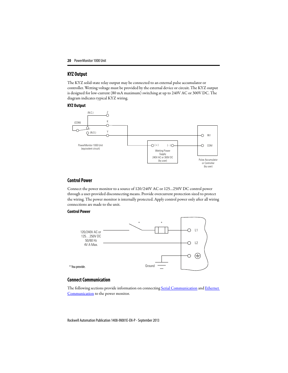 Kyz output, Control power, Connect communication | Rockwell Automation 1408-EMxx PowerMonitor 1000 Unit User Manual | Page 20 / 80