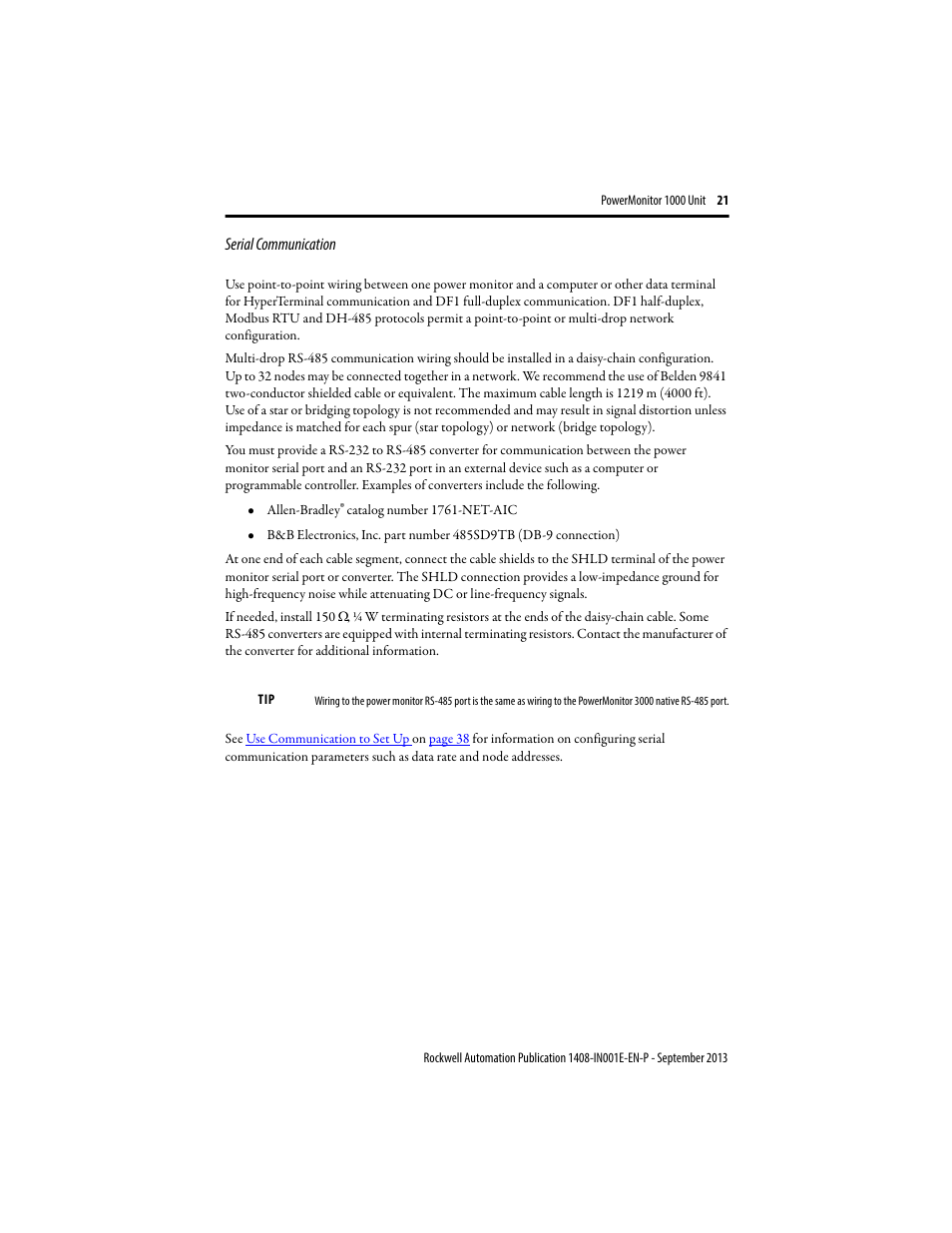 Serial communication | Rockwell Automation 1408-EMxx PowerMonitor 1000 Unit User Manual | Page 21 / 80