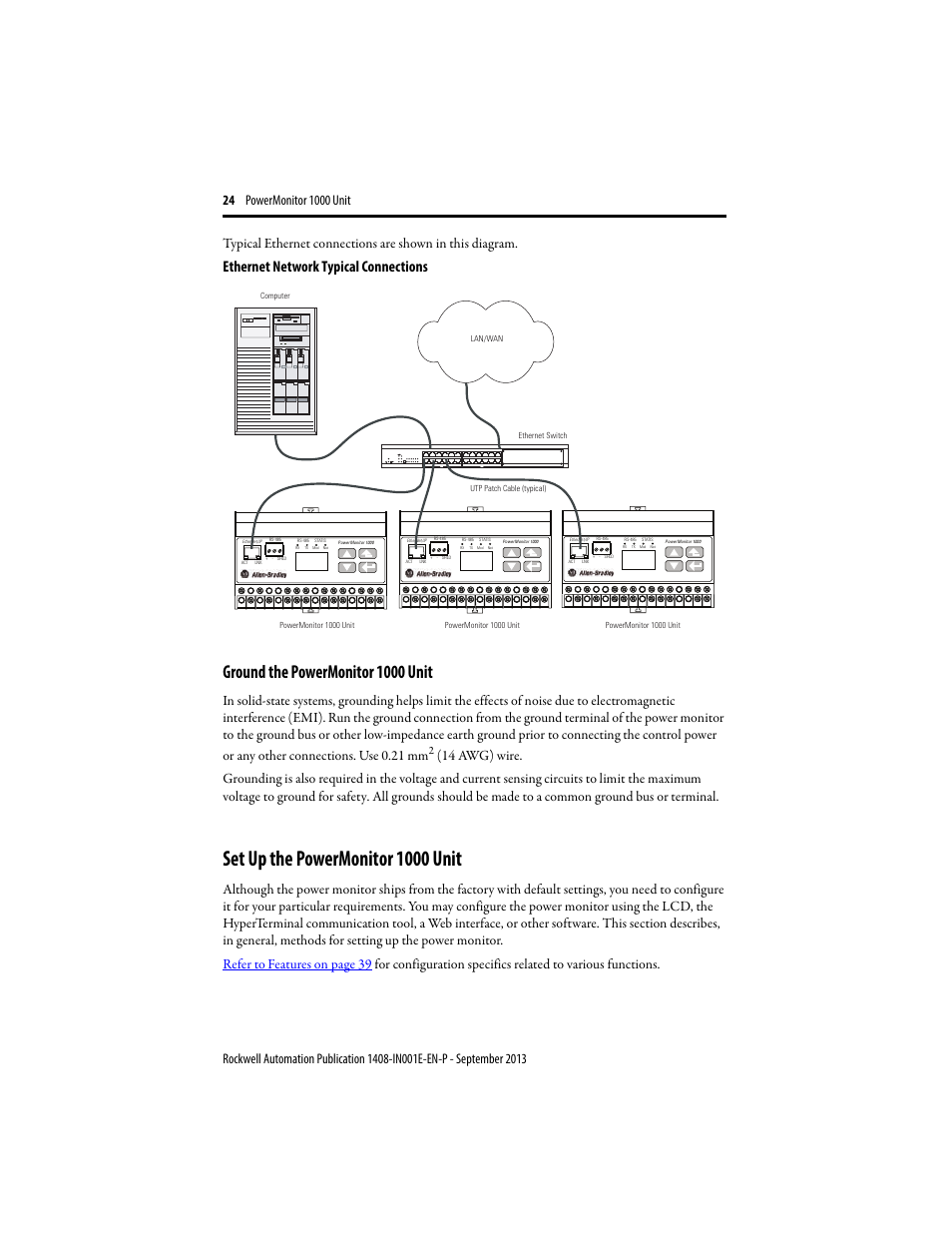 Ground the powermonitor 1000 unit, Set up the powermonitor 1000 unit, Ethernet network typical connections | Rockwell Automation 1408-EMxx PowerMonitor 1000 Unit User Manual | Page 24 / 80