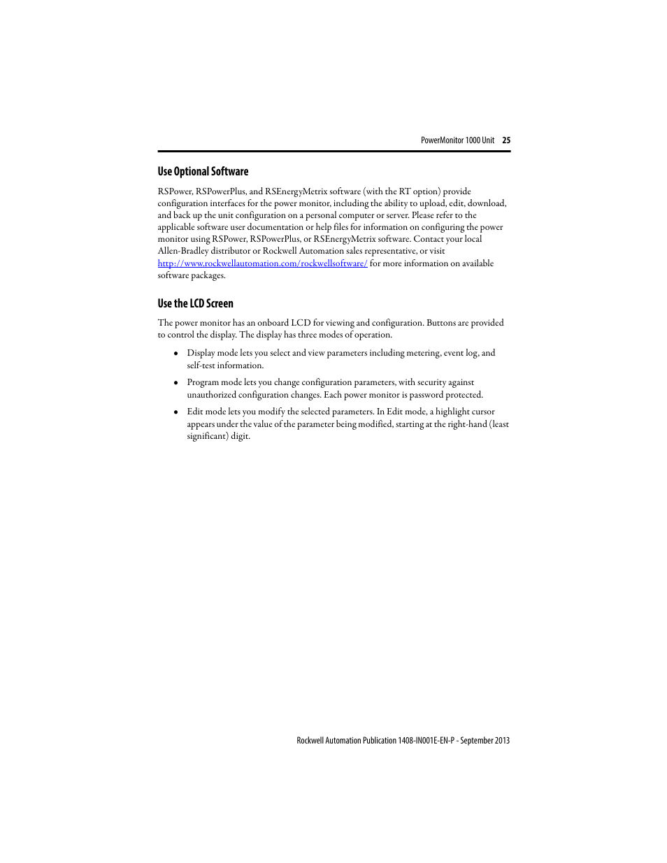 Use optional software, Use the lcd screen | Rockwell Automation 1408-EMxx PowerMonitor 1000 Unit User Manual | Page 25 / 80