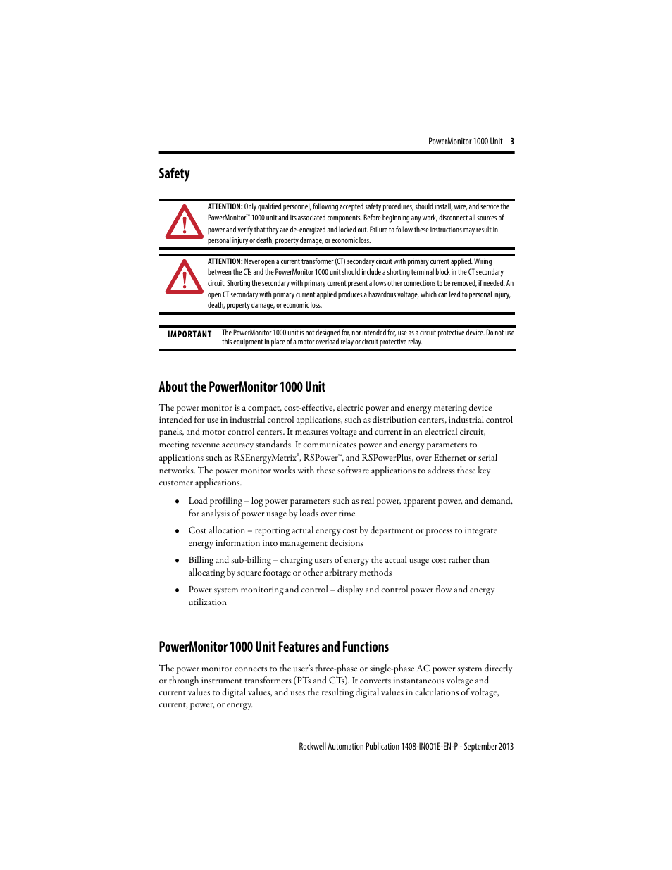 Safety, About the powermonitor 1000 unit, Powermonitor 1000 unit features and functions | Safety about the powermonitor 1000 unit | Rockwell Automation 1408-EMxx PowerMonitor 1000 Unit User Manual | Page 3 / 80