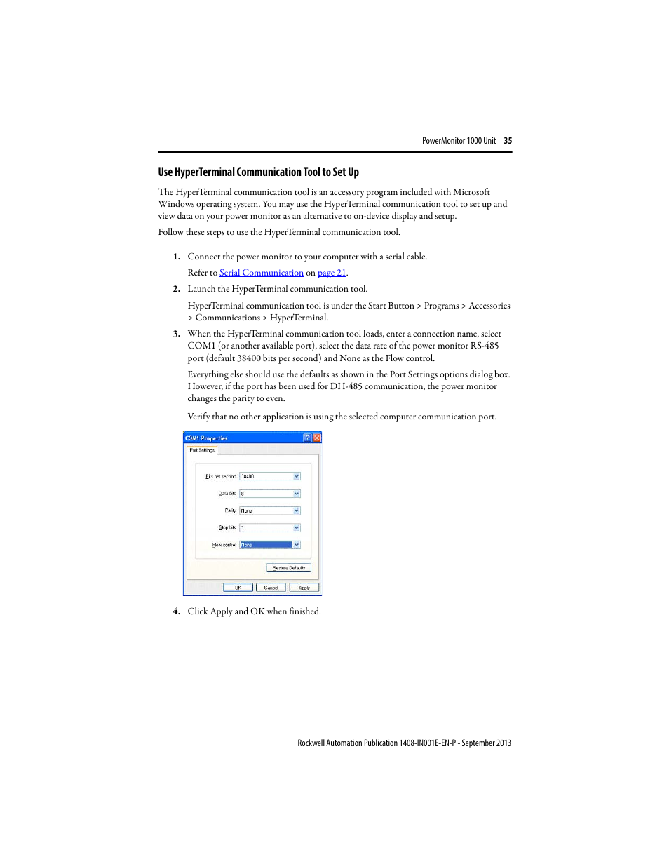 Use hyperterminal communication tool to set up | Rockwell Automation 1408-EMxx PowerMonitor 1000 Unit User Manual | Page 35 / 80