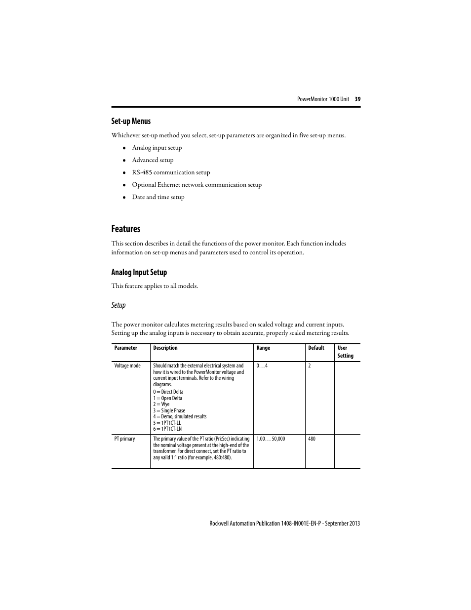 Set-up menus, Features, Analog input setup | Rockwell Automation 1408-EMxx PowerMonitor 1000 Unit User Manual | Page 39 / 80