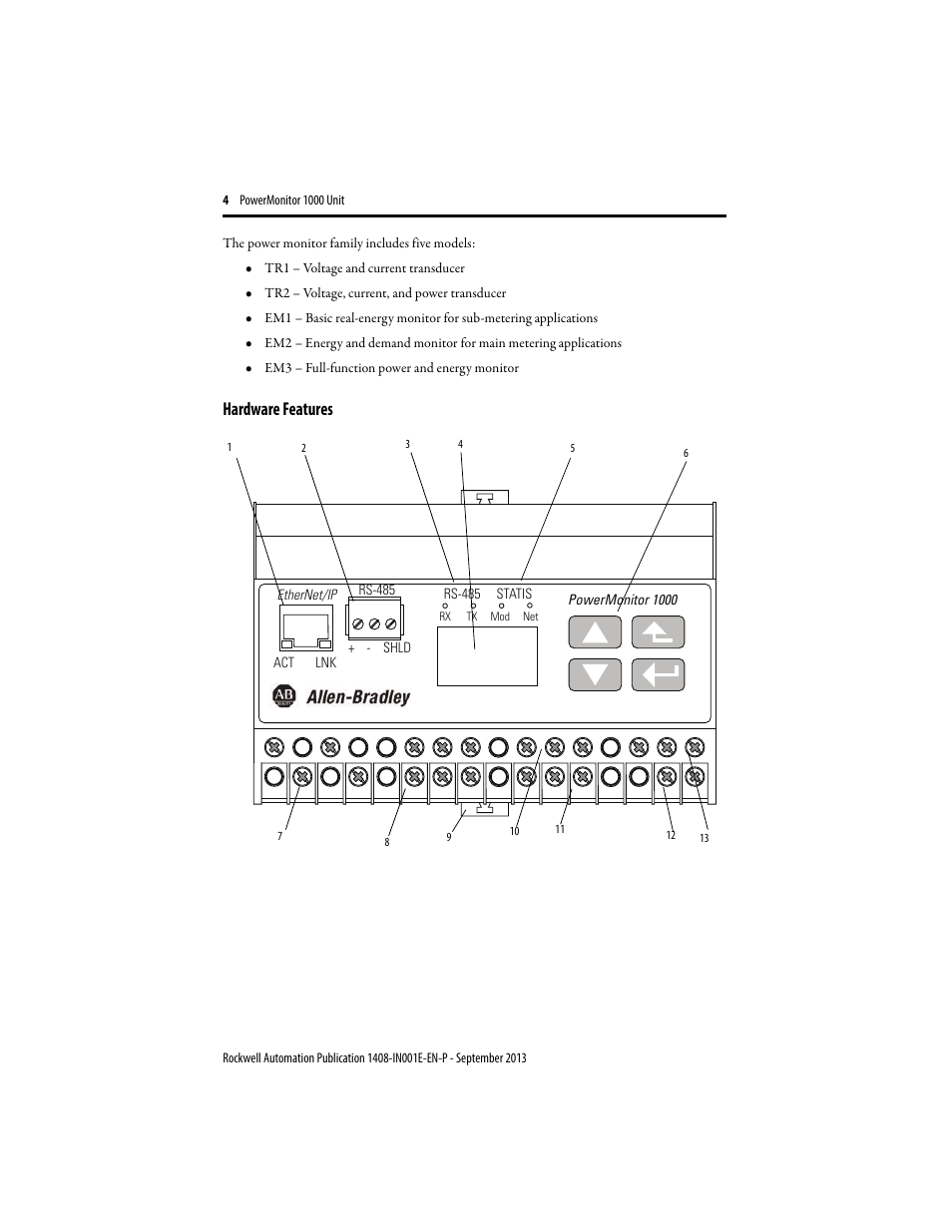 Hardware features | Rockwell Automation 1408-EMxx PowerMonitor 1000 Unit User Manual | Page 4 / 80