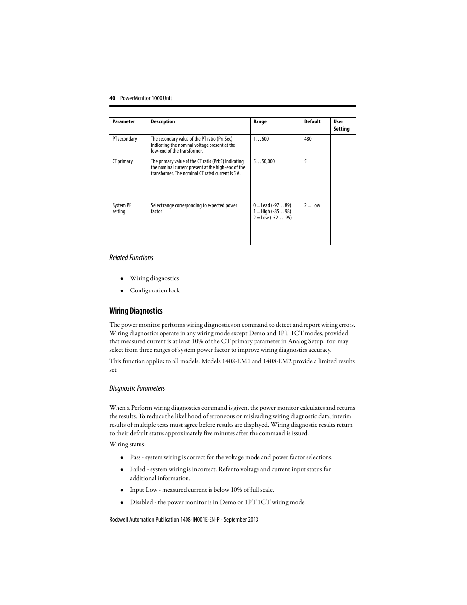Wiring diagnostics | Rockwell Automation 1408-EMxx PowerMonitor 1000 Unit User Manual | Page 40 / 80