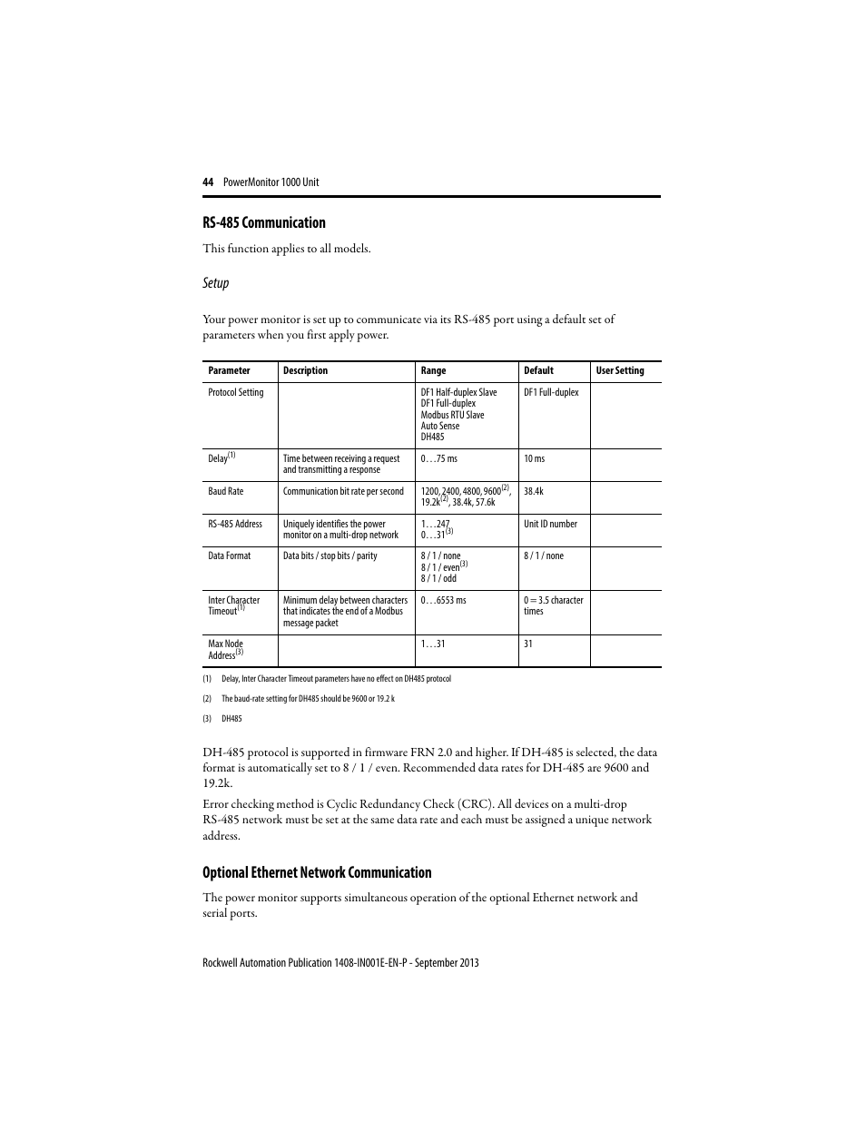 Rs-485 communication, Optional ethernet network communication, Setup | Rockwell Automation 1408-EMxx PowerMonitor 1000 Unit User Manual | Page 44 / 80