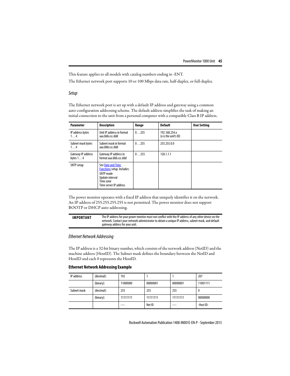 Setup, Ethernet network addressing | Rockwell Automation 1408-EMxx PowerMonitor 1000 Unit User Manual | Page 45 / 80