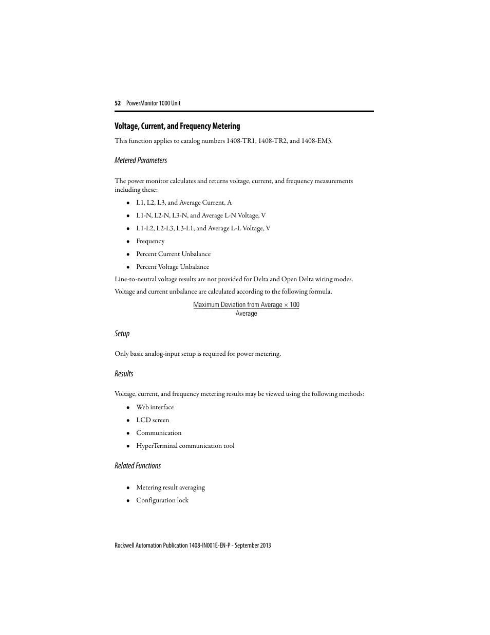 Voltage, current, and frequency metering | Rockwell Automation 1408-EMxx PowerMonitor 1000 Unit User Manual | Page 52 / 80