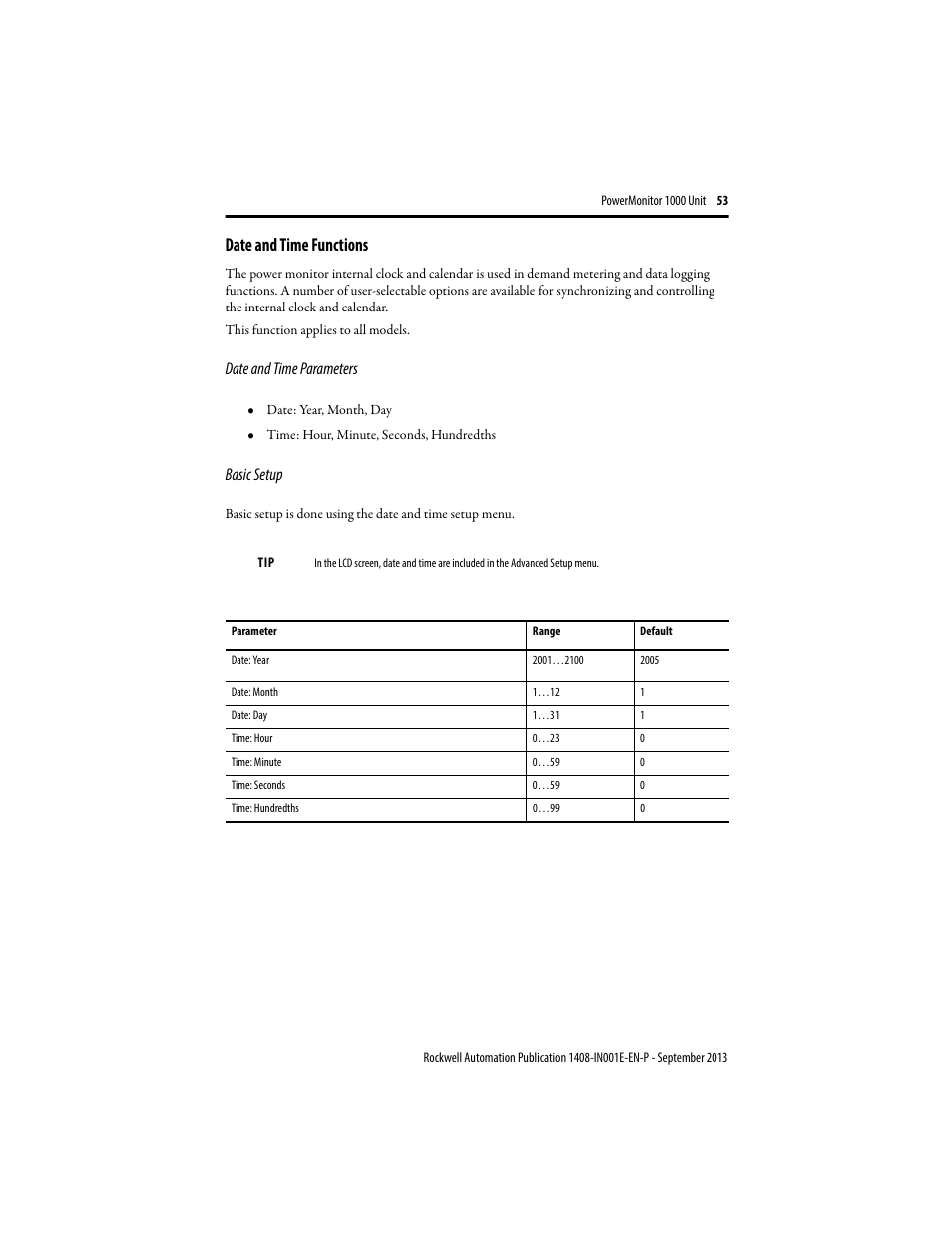 Date and time functions, Date and time parameters, Basic setup | Rockwell Automation 1408-EMxx PowerMonitor 1000 Unit User Manual | Page 53 / 80
