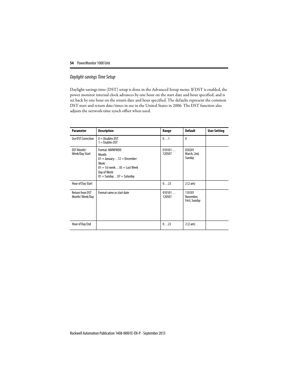 Daylight-savings time setup | Rockwell Automation 1408-EMxx PowerMonitor 1000 Unit User Manual | Page 54 / 80