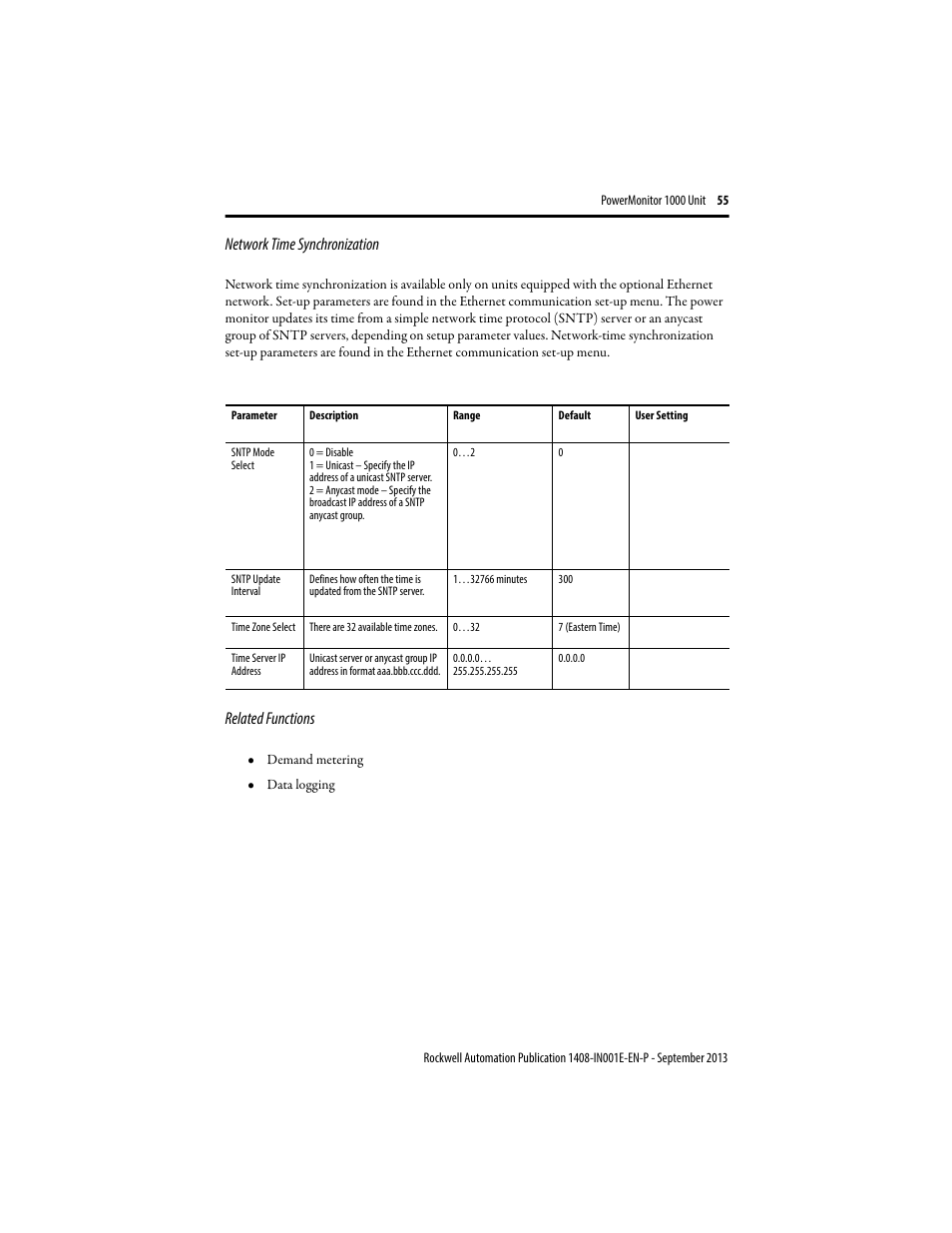 Network time synchronization, Related functions | Rockwell Automation 1408-EMxx PowerMonitor 1000 Unit User Manual | Page 55 / 80
